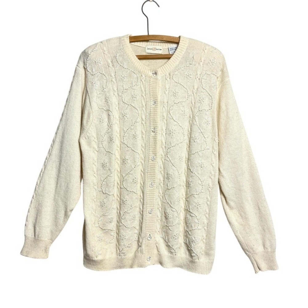 VTG wool blend embroidered cardigan soft girl embellished preppy cream sweater